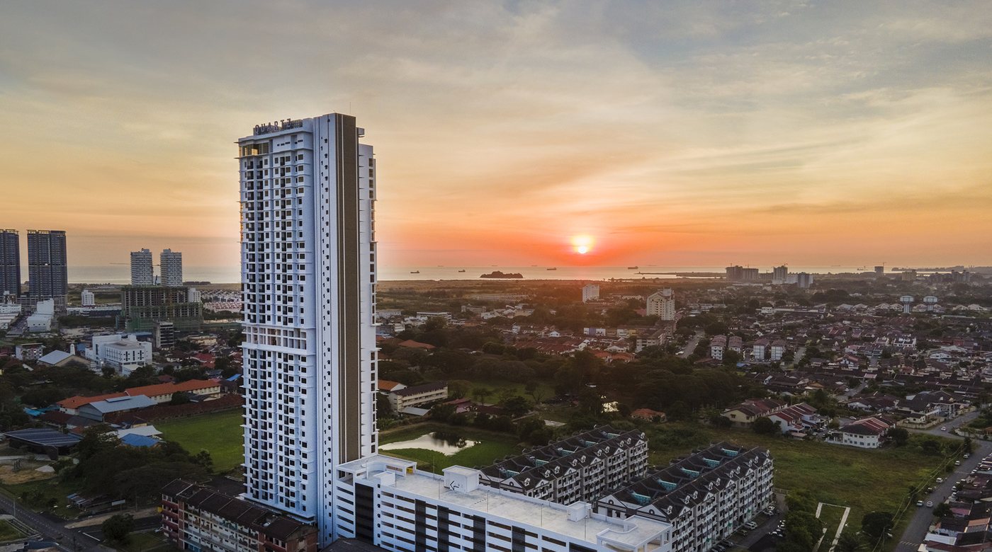 The Quartz tower in Melaka at sunset, seen from the air